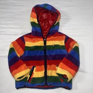 Tommy Hilfiger Reversible Jacket Kids Size 5-6 Rainbow Striped Fleece Red Coat